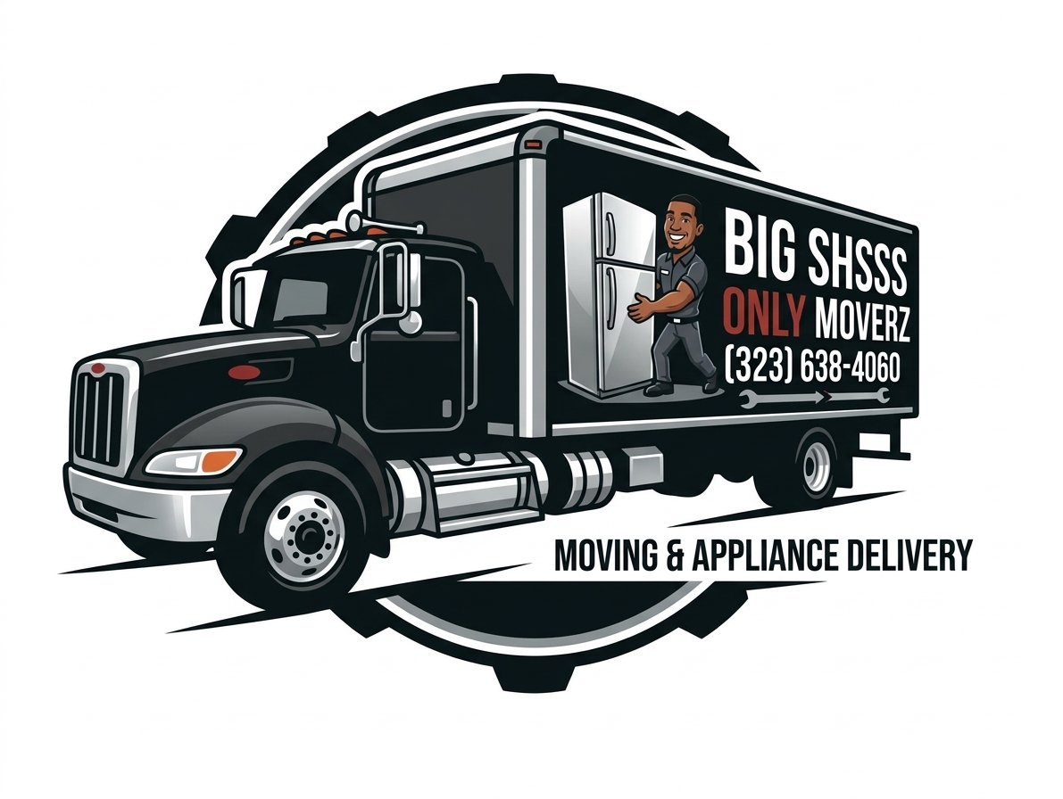 Supplied Big Shsss Only Moverz artwork: a black moving truck and a mover with a refrigerator, phone (323) 638-4060.